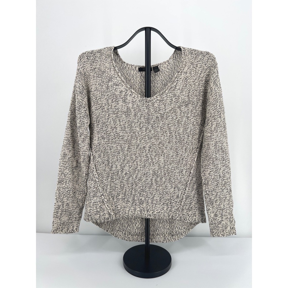 Women's Knit Ivory Black Long Sleeve Scoop Neck Sweater Patch Elbow Equestrian S